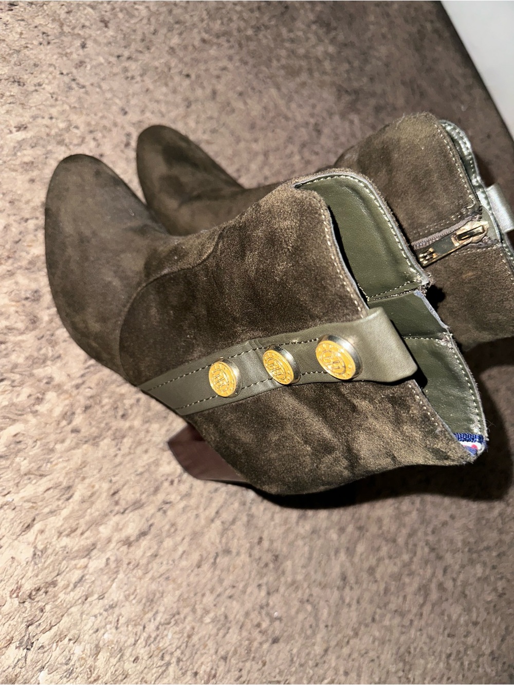 Tommy Hilfiger Olive Green Suede Ankle Booties with Gold Buttons